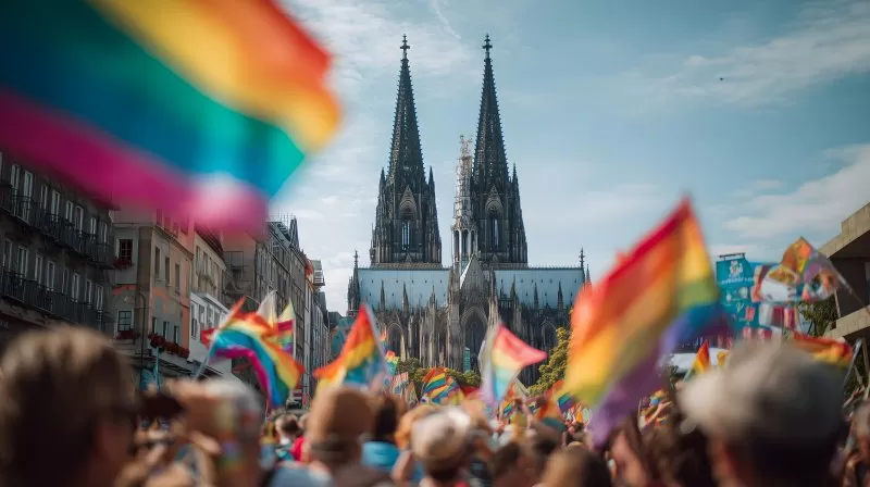 Cologne Pride Parade 2026 mit Regenbogenflaggen vor Kölner Dom