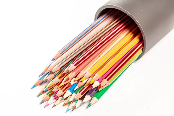 Colored pencils in a pencil case on white background