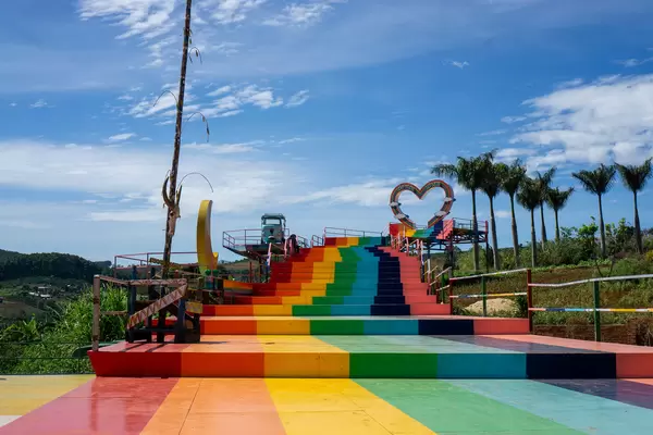 Colored Stairs leading to a large Heart with several Photoshoot Spots at Me Linh Coffee Garden in Da Lat, Vietnam