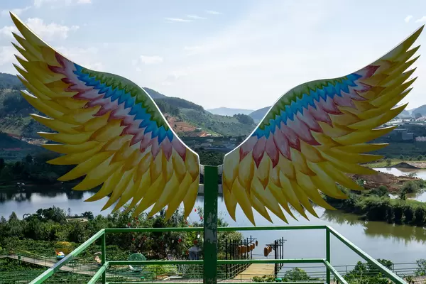 Colorful Angel Wings as a Photo Idea with a Mountain Landscape and a Lake in the Background at Me Linh Coffee Garden in Dalat, Vietnam
