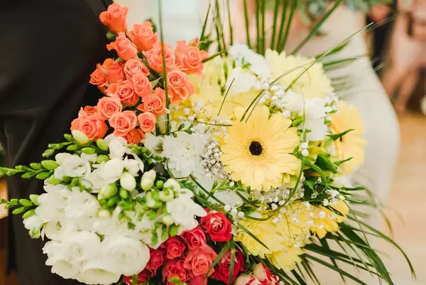 Colorful Bouquet With Yellow Gerber With Roses