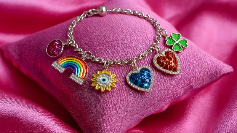 Colorful charm bracelet on pink silk cushion