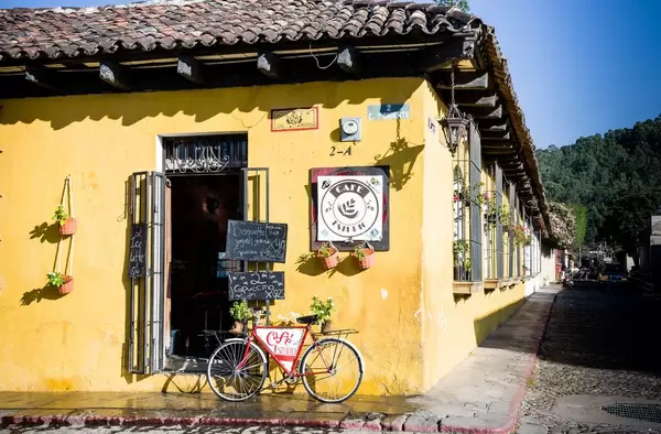 Colorful coffee store in the street corner