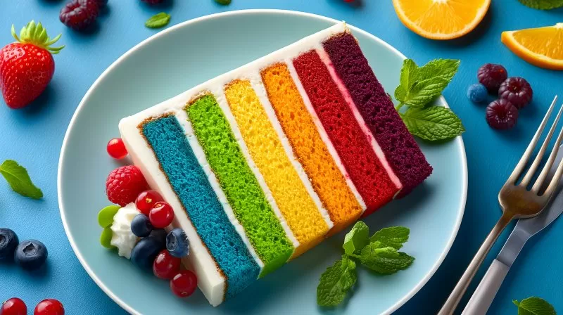 Colorful Rainbow Cake Slice with Fruits