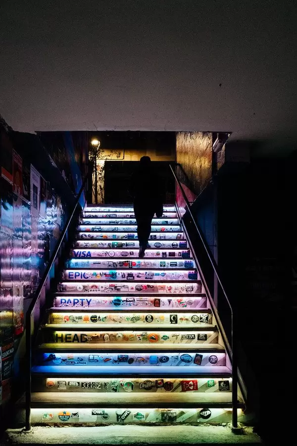 Colorful stairs in 6 dogs pub