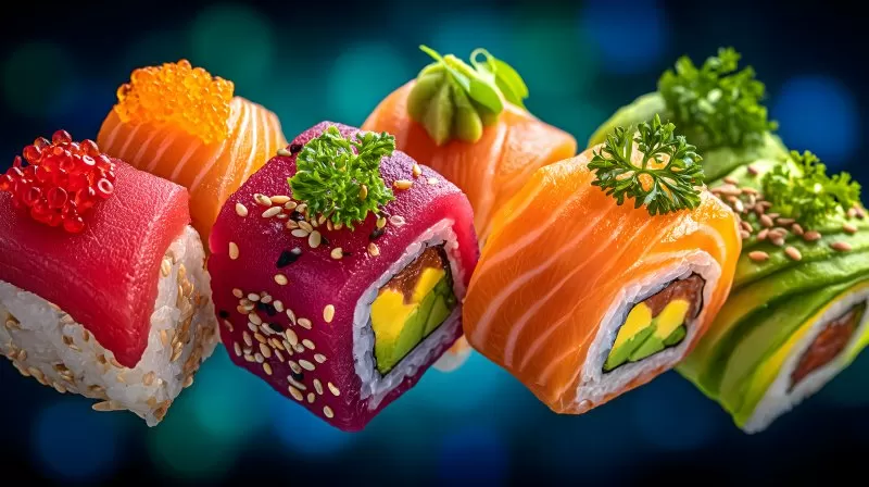 Colorful sushi rolls floating in air