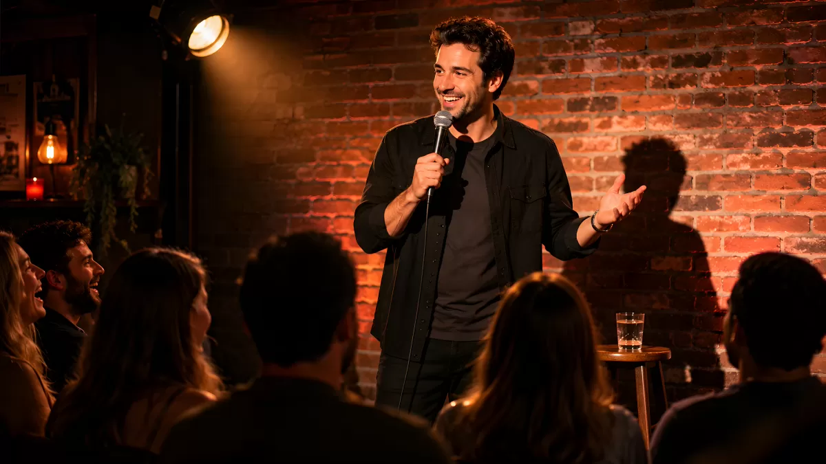 Comedian auf der Bühne begeistert Publikum im Club