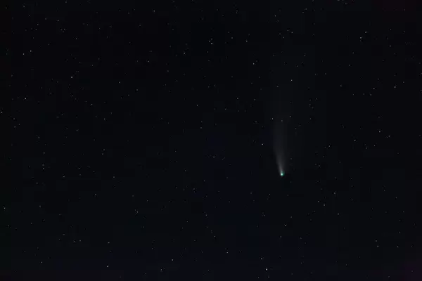 Comet Neowise in dark night sky with stars