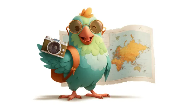 Comic-Papagei als reisefreudiger Tourist mit Kamera und Landkarte