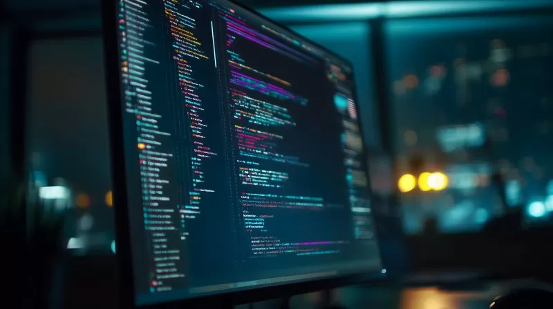 Computerbildschirm mit Code bei Nacht im Büro