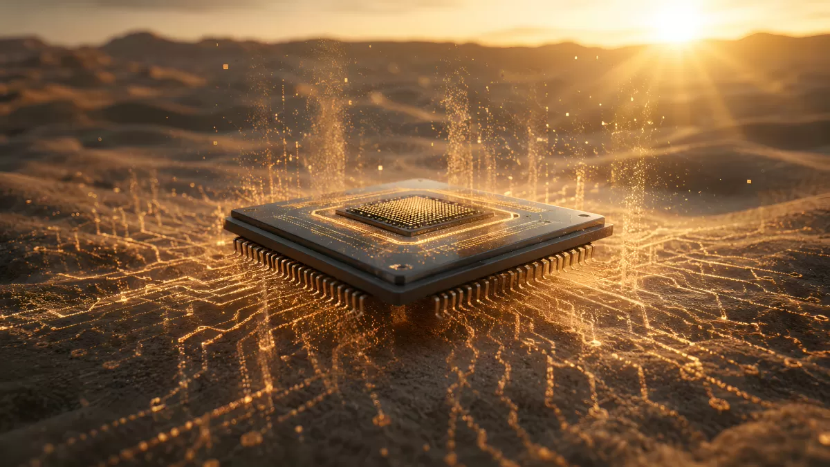 Computerchip in Wüstenlandschaft mit goldenem Licht