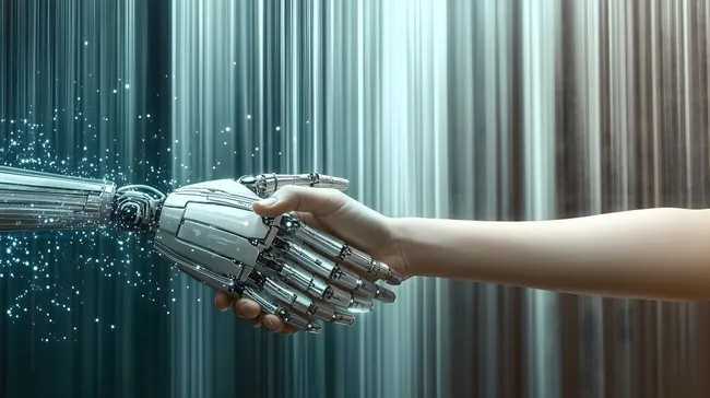 Computerisierte und menschliche Hand schütteln sich