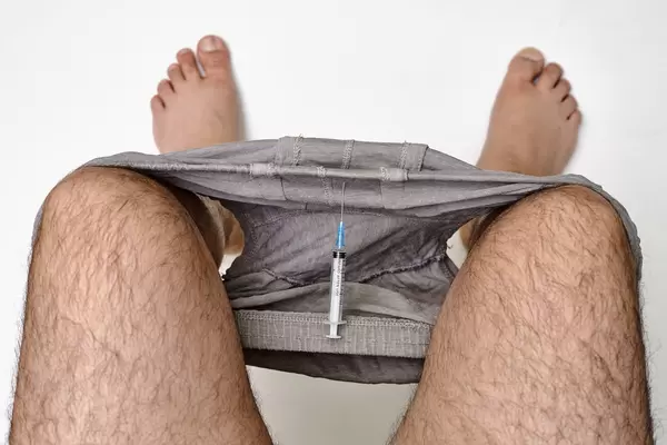 Concept of potency problems, erectile dysfunction, drug addiction. A man sitting in the toilet and syinge on his underwear