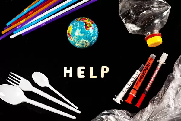 Concept stop plastic pollution and help our planet, top view