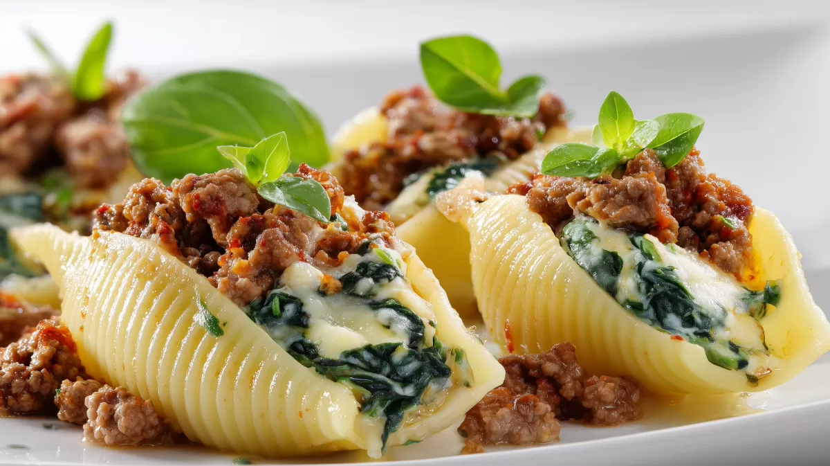 Conchiglioni gefüllt mit Spinat und Hack auf Teller