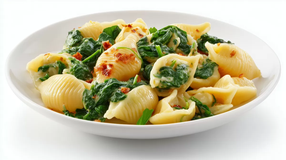 Conchiglioni mit Blatt Spinat in weißem Teller