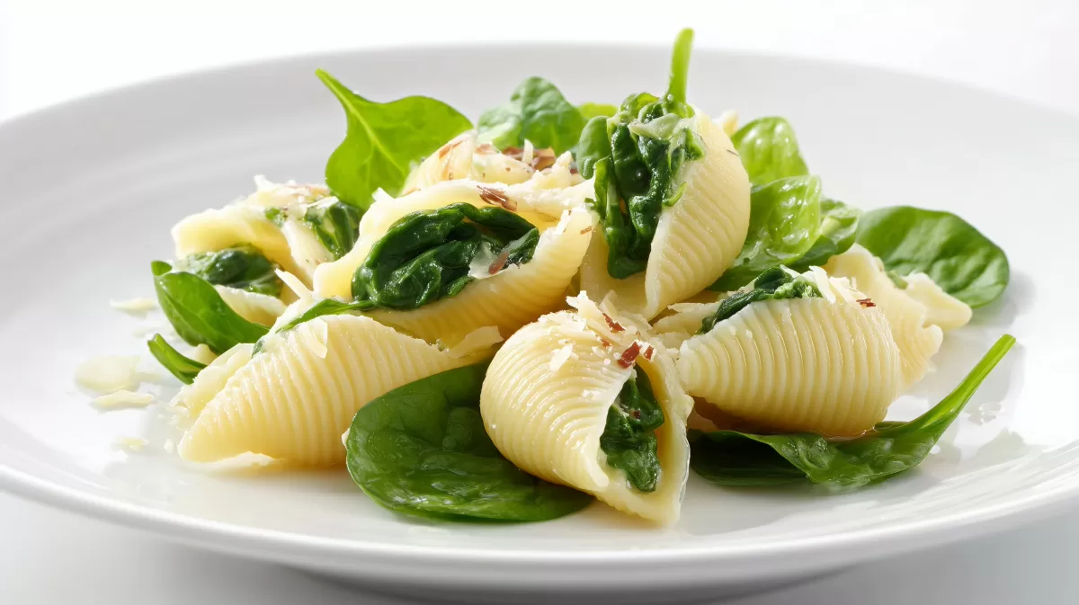 Conchiglioni mit Blatt Spinat und Parmesan