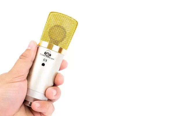 Condenser Studio Microphone in the hand with copy space