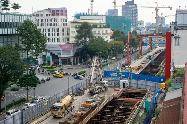 Construction of Ho Chi Minh City Metro on a Street leading to Ben Thanh Market Central Station in Saigon, Vietnam