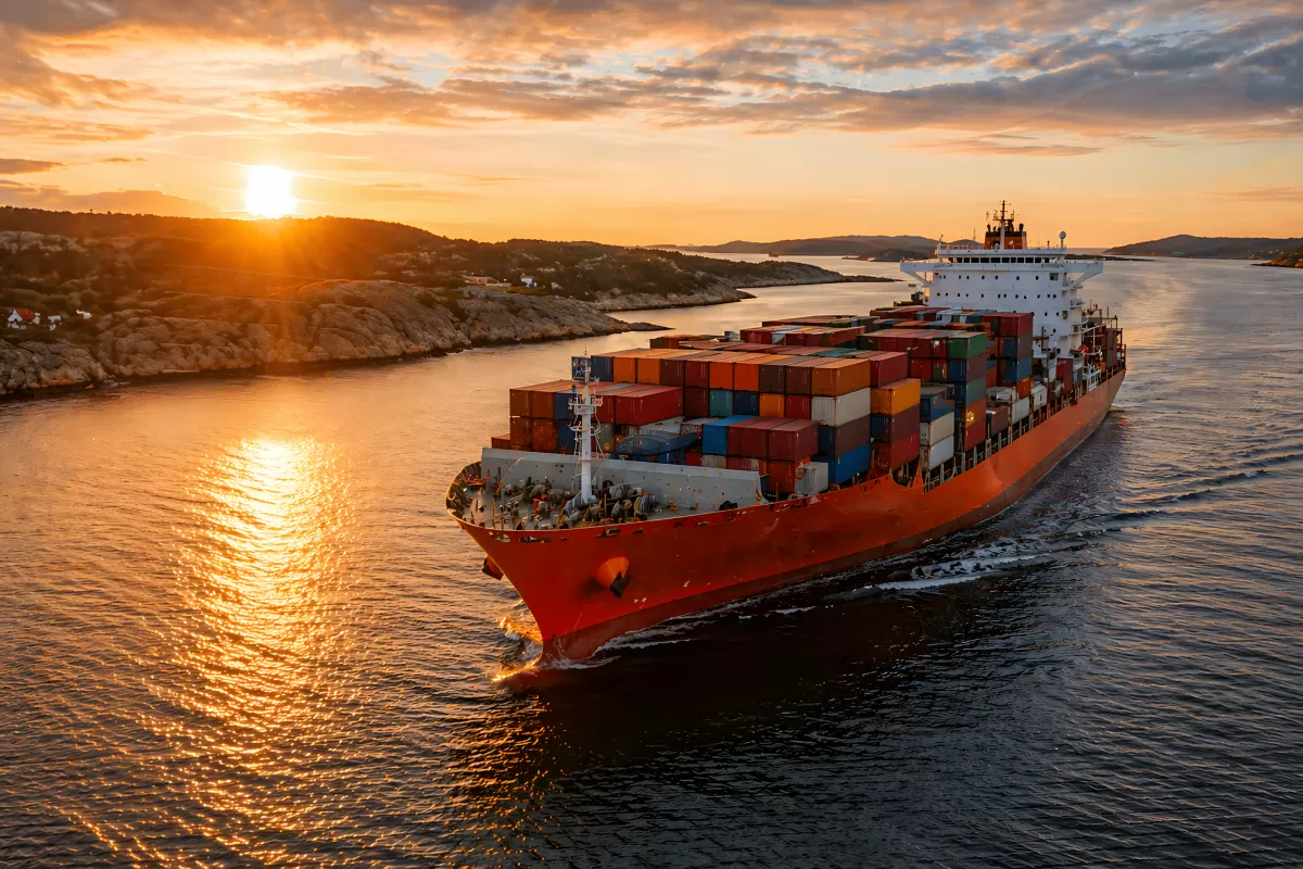 Containerschiff bei Sonnenuntergang auf ruhigem Gewässer