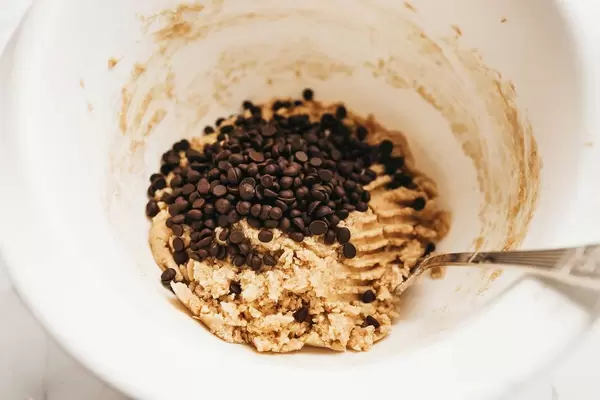 Cookie dough with chocolate chips in a bowl.