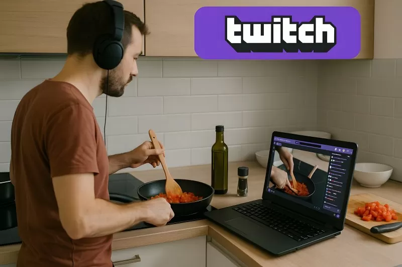Cooking live stream in kitchen with Twitch overlay