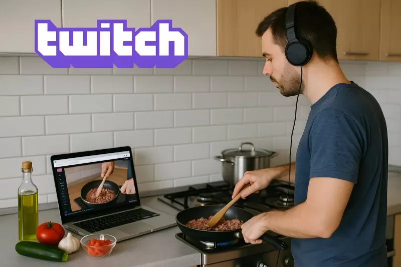 Cooking stream with meat pan and Twitch logo