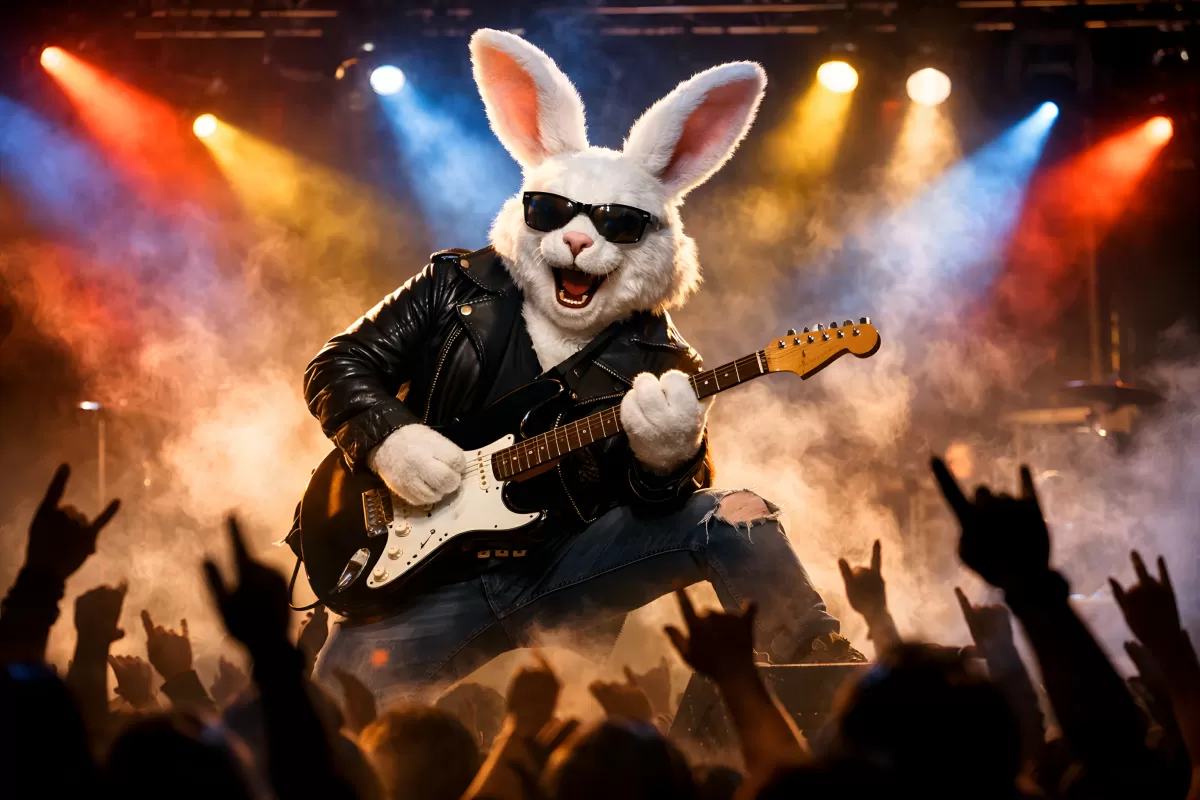Cooler Osterhasen-Rocker auf der Bühne