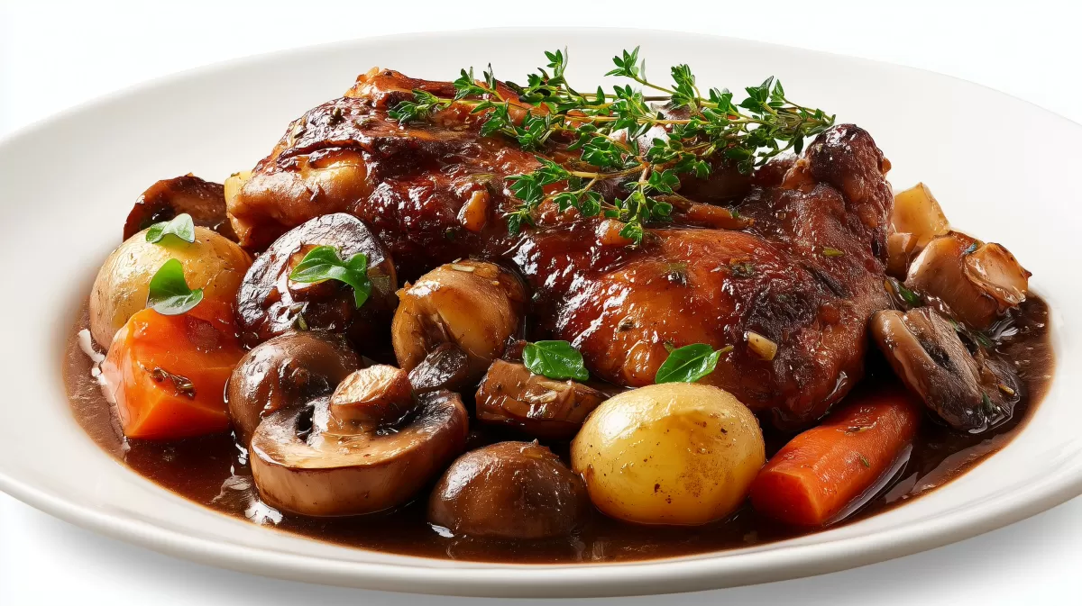 Coq au Vin im Römertopf mit Pilzen und Karotten