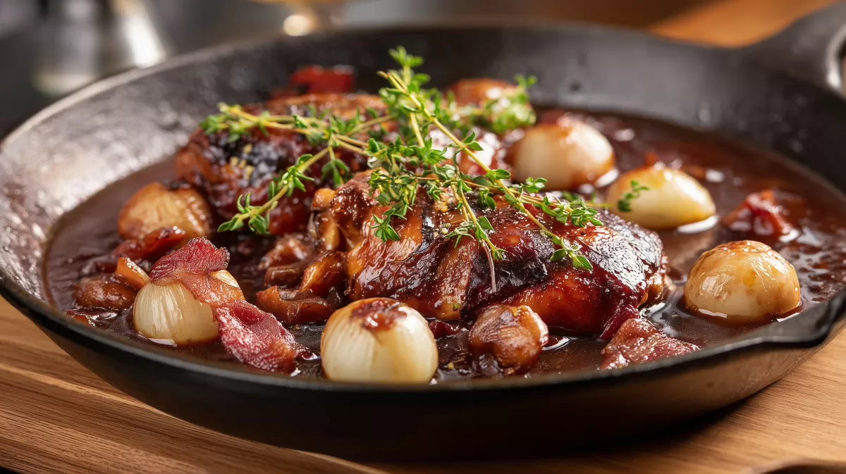 Coq au Vin in gusseiserner Pfanne mit Thymian