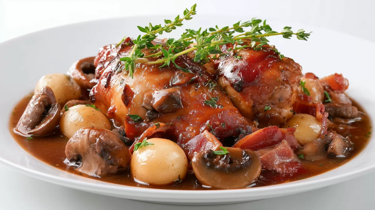 Coq au Vin mit Pilzen und Perlzwiebeln serviert