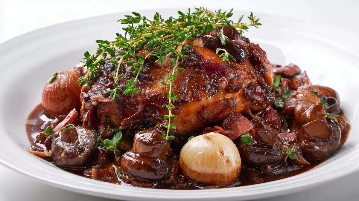 Coq au vin mit Pilzen und Schalotten serviert