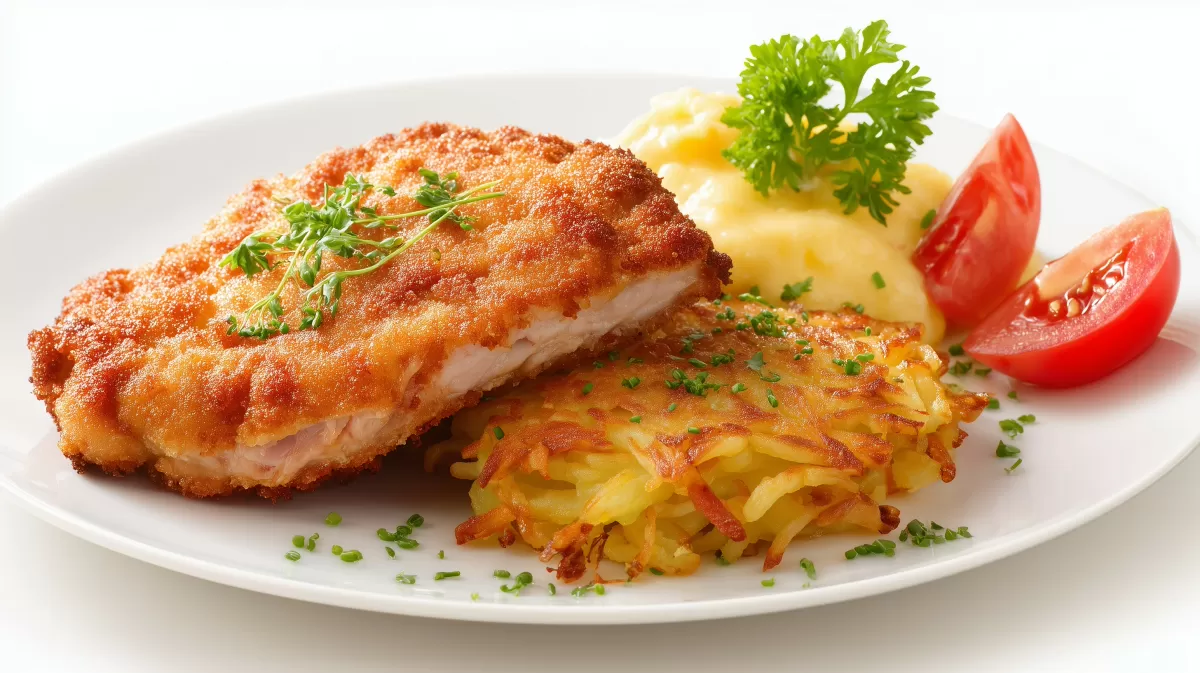 Cordon bleu mit Rösti auf weißem Teller serviert