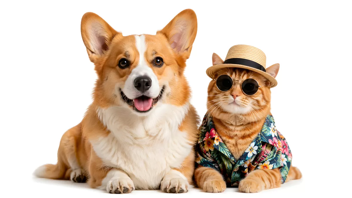 Corgi und Katze im Hawaii-Look vor weißem Hintergrund