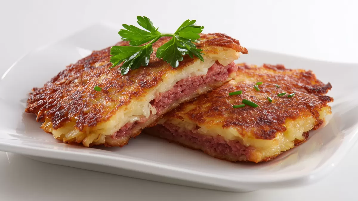 Corned Beef Potato Pancakes goldbraun gebraten auf Teller