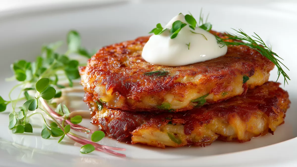 Corned Beef Potato Pancakes mit Sauerrahm und Kräutern