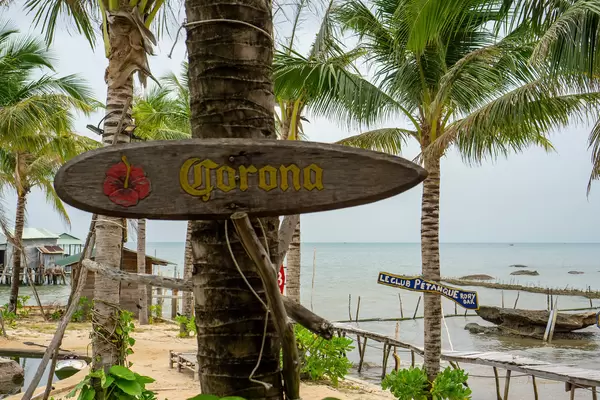 Corona Beer Wooden Signboard on a Palm Tree at Rory's Beach Club in Phu Quoc, Vietnam