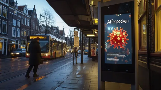 Corona-Plakat an einer Bushaltestelle in der Dämmerung