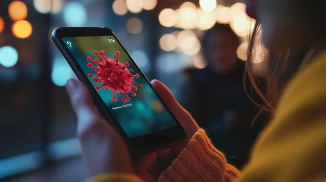 Corona-Warnung auf Smartphone-Display bei Nachtbeleuchtung