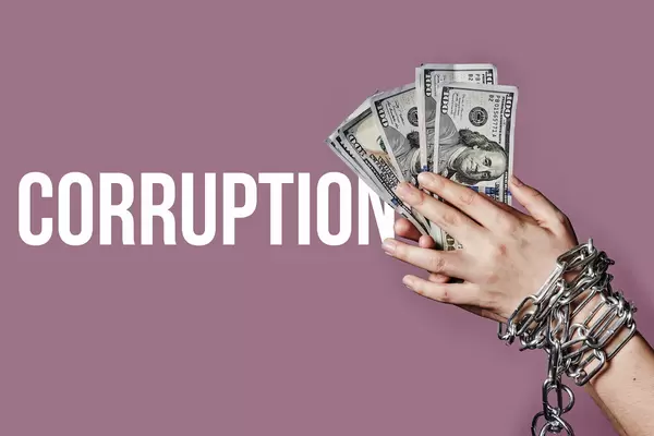 Corruption - Woman hands in steel chains and dollars