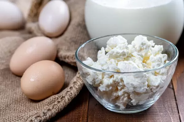 Cottage cheese, milk and eggs on a wooden table  Flip 2019