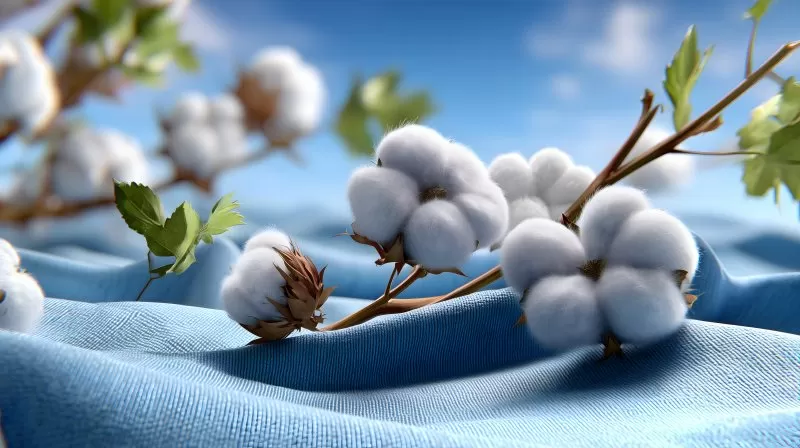 Cotton flowers on blue fabric background