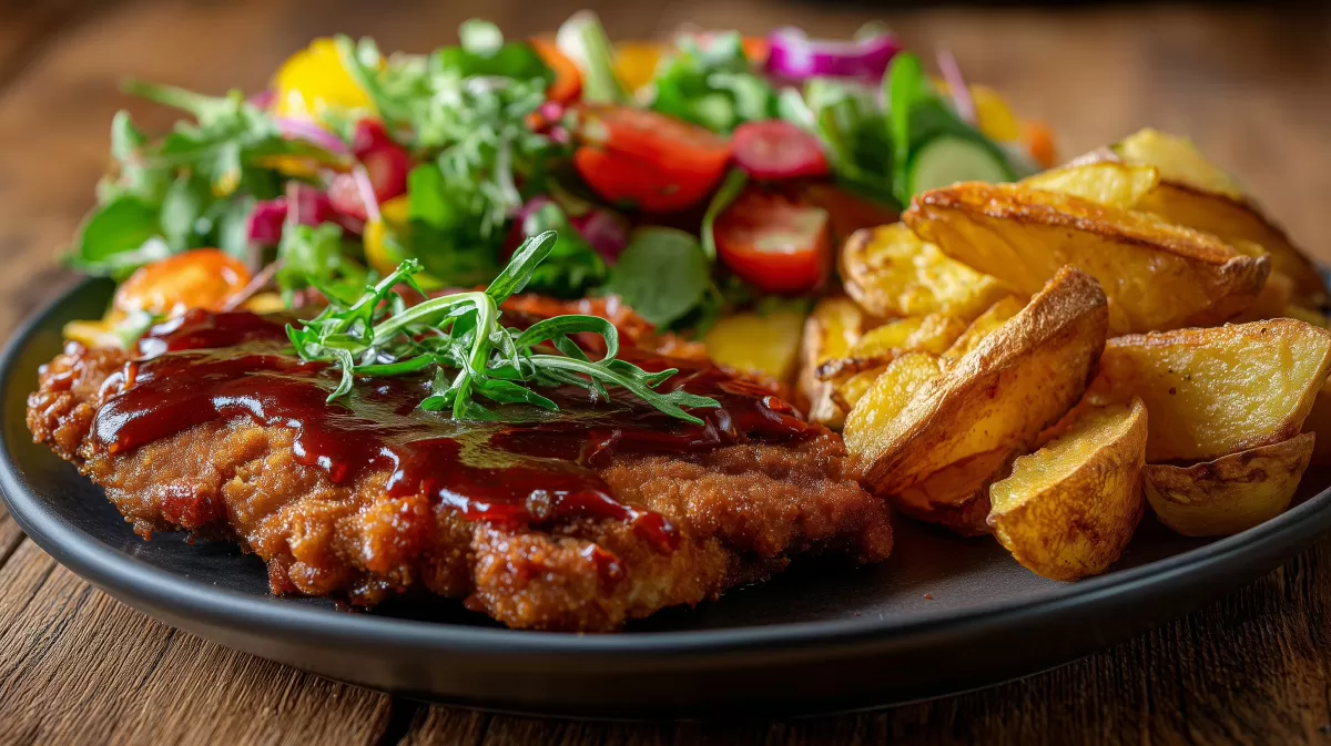 Country Schnitzel mit Kartoffelecken und Beilagensalat
