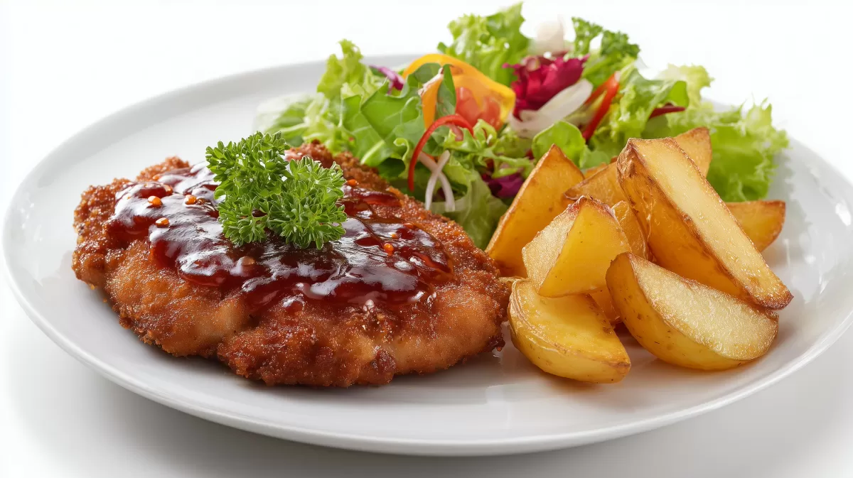 Country Schnitzel mit Kartoffelecken und Salat