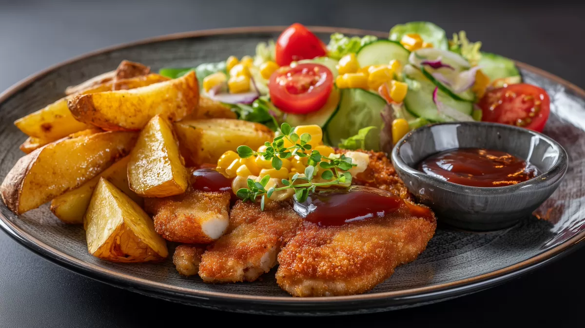 Country Schnitzel mit Potato Wedges und Beilagensalat