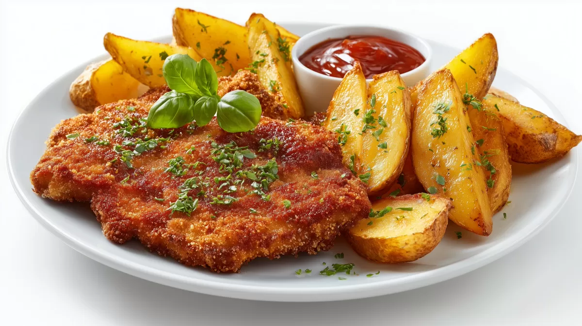 Country Schnitzel mit Potato Wedges und Ketchup