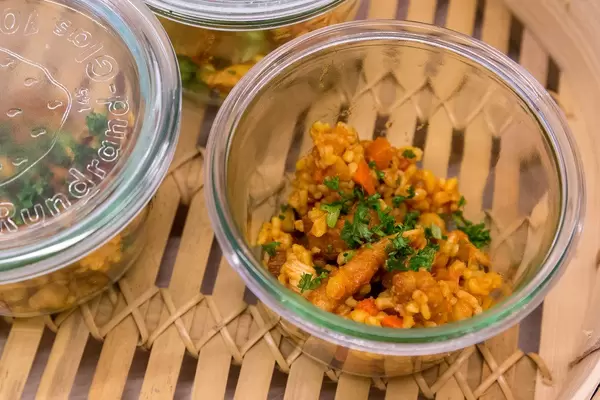 Cous-Cous salad with chicken breast and green herbs, at the buffet stand of AXA's OMWest Barcamp in Cologne