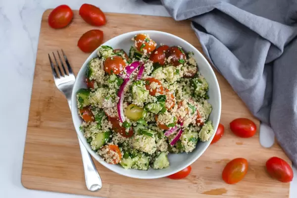 Couscous Salad With Vegetables in a White Bowl  (Flip 2019)