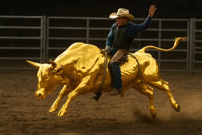 Cowboy reitet auf goldenem Stier in Rodeoarena