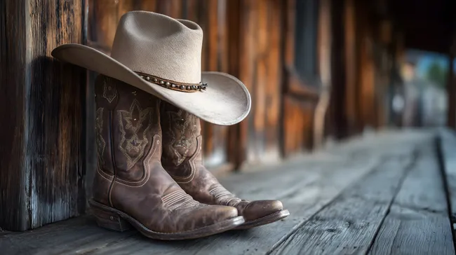 Cowboyhut und Westernstiefel auf rustikaler Holzveranda
